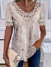 Load image into Gallery viewer, Women's Lace Patchwork Crew Neck Short Sleeve T-Shirt

