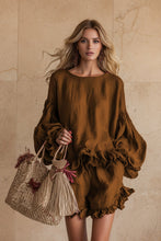 Load image into Gallery viewer, Women's Lantern Sleeve Ruffle Hem Top &amp; Ruffle Shorts Linen-Style Two-Piece Set
