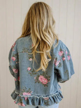 Load image into Gallery viewer, Women's Retro Floral Print Denim Jacket – Long Sleeve Collared Ruffled Hem Short Jacket
