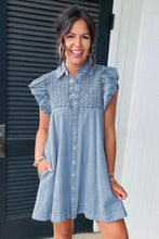Load image into Gallery viewer, Beau Blue Flutter Sleeve Shirred Button Up Denim Mini Dress
