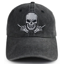 Load image into Gallery viewer, Washed Black Skull Embroidered Trucker Cap
