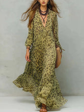 Load image into Gallery viewer, Women's Leopard Print Chiffon Deep V-Neck Flared Maxi Dress | Three-Quarter Sleeve Beach Vacation Dress
