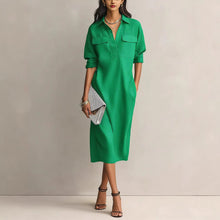 Load image into Gallery viewer, Women's Solid Color Pleated A-Line Midi Dress | Elegant Office Casual Shirt Collar Dress
