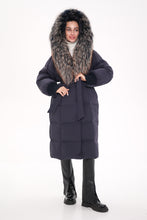 Load image into Gallery viewer, Rei Genuine Fur Trim Hooded Down Coat in Navy
