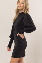 Load image into Gallery viewer, Glitter Mock Neck Long Sleeve Mini Dress – Sparkling Mock Neck Dress, Elegant, Flattering, Glitter Knit Dress, Elegant Mini Dress, Long Sleeve Party Dress, Statement Evening Dress
