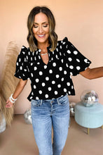 Load image into Gallery viewer, Black Polka Dot Print Smocked Notched Neck Balloon Sleeve Blouse
