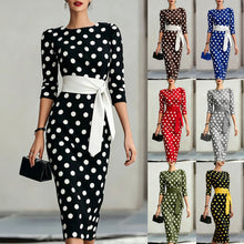 Load image into Gallery viewer, Women's Retro Polka-Dot Bodycon Midi Dress – Belted Cross-Tie
