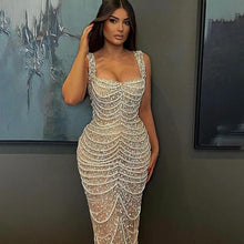 Load image into Gallery viewer, Nude Elegant Sling Light Luxury High-end Pearl Beaded Dress

