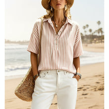 Load image into Gallery viewer, Women's Striped Short-Sleeve Shirt with Turn-Down Collar
