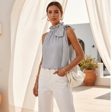 Load image into Gallery viewer, Women's Striped Sleeveless Top – Ruffle High Neck Lace Trim Tie-Knot Bow Blouse
