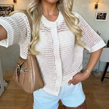 Load image into Gallery viewer, Women's Hollow-Out Knit Cardigan – Open Front, Short Sleeve, Solid Color
