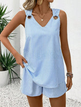 Load image into Gallery viewer, Striped Stand Collar Sleeveless Top &amp; Shorts Set – Women's Summer Two-Piece
