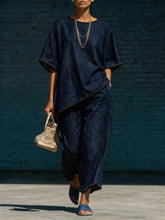 Load image into Gallery viewer, Women's Denim-Style Knit Top &amp; Wide-Leg Pants Set – Casual 2-Piece
