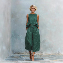 Load image into Gallery viewer, Women's Linen-Blend Sleeveless Two Piece Set with Ruffled Detailing
