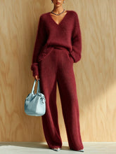 Load image into Gallery viewer, Women's Fluffy V-Neck Oversized Sweater &amp; Wide-Rib Wide-Leg Knit Trouser Set
