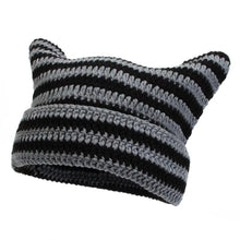 Load image into Gallery viewer, Women’s Hand Knitted Striped Cat Hat – Cute Warm Winter Beanie
