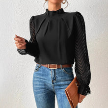 Load image into Gallery viewer, Women's Mock Neck Chiffon Blouse – Wave Pattern Sheer Long Sleeve with Ruffle Cuffs
