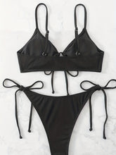 Load image into Gallery viewer, Bikini Solid Rib Knit 2 Piece Swimsuit – Ring Link Tie Front Triangle Bikini Set for Women – Hollow Out High Stretch V-Neck Top with Tie Side Bottoms – Trendy Beach &amp; Pool Swimwear for Summer
