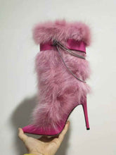 Load image into Gallery viewer, Pink Feather Pointed Toe Stiletto : Chain High Boots
