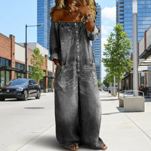 Load image into Gallery viewer, Women's Off-Shoulder Washed Faux Denim Strap Overalls Jumpsuit
