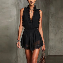 Load image into Gallery viewer, Lace Spliced V-Neck Mini Dress – Sleeveless High-Waist Ruffle Dress for Women
