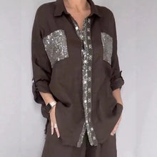 Load image into Gallery viewer, Women's Sequin Pocket Button-Up Shirt &amp; Wide-Leg Pants Set
