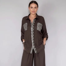 Load image into Gallery viewer, Women's Sequin Pocket &amp; Placket Oversized Shirt &amp; Wide-Leg Pants Set
