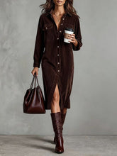 Load image into Gallery viewer, Women's Corduroy Long Sleeve Shirt Dress – Turn-Down Collar Button Front Midi with Pockets
