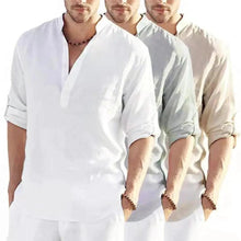 Load image into Gallery viewer, Men's Casual Cotton Linen Solid Color Long Sleeve Shirt Loose Stand Collar
