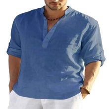 Load image into Gallery viewer, Men's Casual Cotton Linen Solid Color Long Sleeve Shirt Loose Stand Collar
