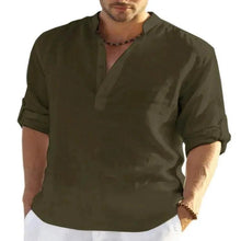 Load image into Gallery viewer, Men's Casual Cotton Linen Solid Color Long Sleeve Shirt Loose Stand Collar
