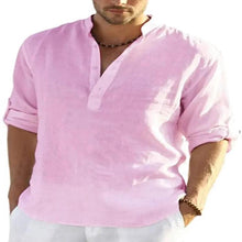 Load image into Gallery viewer, Men's Casual Cotton Linen Solid Color Long Sleeve Shirt Loose Stand Collar

