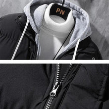 Load image into Gallery viewer, Fashion Hooded Jacket Men Winter Windproof Thickened Fake Two-piece Coat Solid Leisure Sports Cotton Jacket
