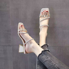 Load image into Gallery viewer, Women's Korean Style Rhinestone Single Strap Slide Sandals – Mid Chunky Heel
