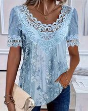 Load image into Gallery viewer, Women's Lace Patchwork Crew Neck Short Sleeve T-Shirt
