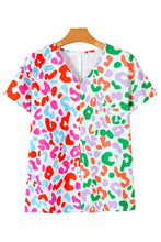 Load image into Gallery viewer, Green Leopard Print Patchwork V Neck Short Sleeve Blouse
