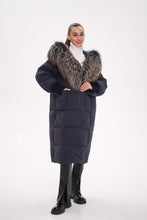 Load image into Gallery viewer, Rei Genuine Fur Trim Hooded Down Coat in Navy
