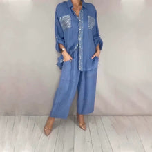 Load image into Gallery viewer, Women's Sequin Pocket Button-Up Shirt &amp; Wide-Leg Pants Set
