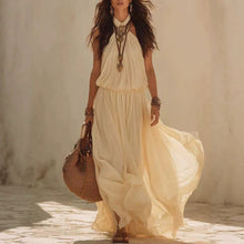 Load image into Gallery viewer, Beige White Halter Neck Maxi Dress – Boho Fairy Sleeveless Long Dress
