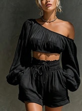 Load image into Gallery viewer, Women's One-Shoulder Ruched Crop Top &amp; High-Waist Shorts Set
