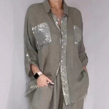 Load image into Gallery viewer, Women's Sequin Pocket Button-Up Shirt &amp; Wide-Leg Pants Set
