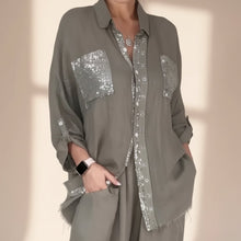 Load image into Gallery viewer, Women's Sequin Pocket &amp; Placket Oversized Shirt &amp; Wide-Leg Pants Set
