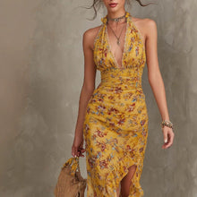 Load image into Gallery viewer, Women's Halter Neck Deep V Floral Maxi Dress | Ruffle Split Waist-Cinching Boho Dress
