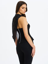 Load image into Gallery viewer, Quinette Black Peplum Top with Beaded Asymmetrical Cape

