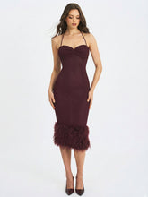 Load image into Gallery viewer, Pluma Maroon Halter Faux-Fur Trimmed Midi Dress
