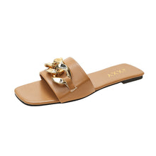 Load image into Gallery viewer, Women Sandals Design Gold Chain Closed Toe Slip On Mules Shoes Flat Heels Square Head Casual Slides Summer Slippers Open Toe Flat Sandals Metal Chain PU Leather Slides Shoes
