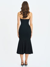 Load image into Gallery viewer, Saige Black Mermaid Midi Dress with Ivory Bow Bustline
