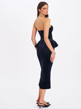 Load image into Gallery viewer, Pascha Black Lace Appliqué Strapless Peplum Midi Dress
