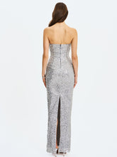 Load image into Gallery viewer, Noelle Silver Sequin Pearl-Embellished Sweetheart Maxi Dress
