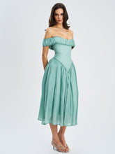 Load image into Gallery viewer, Xavy Teal Green Off Shoulder Corset Midi Dress
